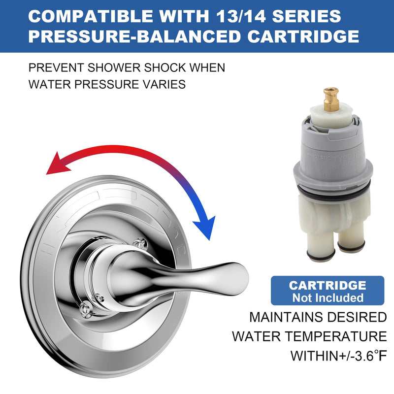 Replacement for D Faucet 13 Series Single-Function Shower Valve Trim Kit, Shower Handle, Chrome Shower Trim Kit T13020 (Cartridge and Valve Not Included) Without Cartridge