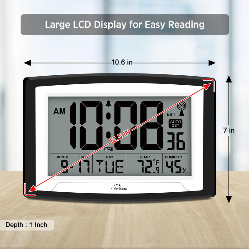 WallarGe Atomic Clock with Indoor Temperature and Humidity, 12.5 Inch Self-Setting Digital Wall Clock or Desk Clock, Battery Operated Digital Clock Large Display for Seniors, Auto DST 12.5 inches
