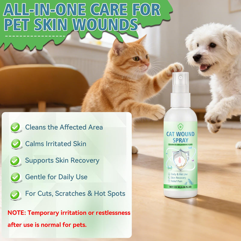 Cat Wound Spray, Wound Care for Cats, Pet Wound Care Formula for Scratching Irritation Bites Burns Redness, Supports Skin Comfort and Recovery for Kittens, Adult Cats, Pets, 120ml