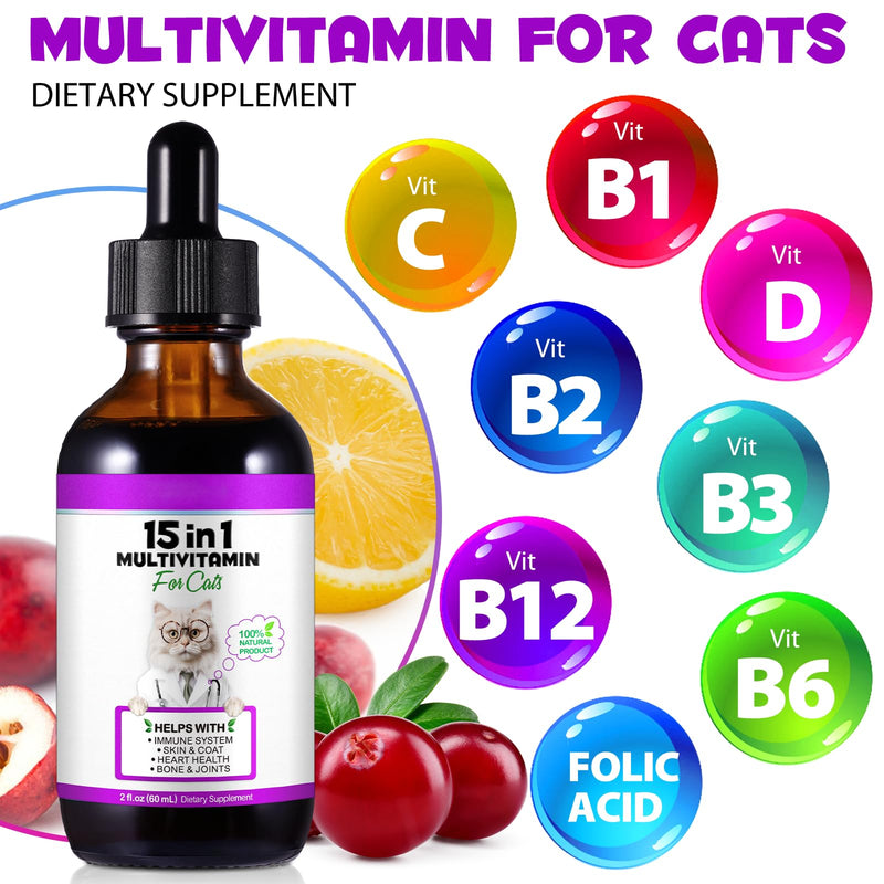 ZODENIS Cat Multivitamin 60ml,15 in 1 Cat Vitamins Liquid Drops Supplements for Heart Health, Bones, Joint, Skin & Coat, Bladder, Immune System Support