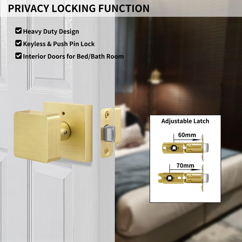 Gold Door Knobs Interior, Satin Brass Privacy Bedroom Interior Door Knob with Lock, Modern Square Brushed Brass Door Handle for Bathroom, Heavy Duty