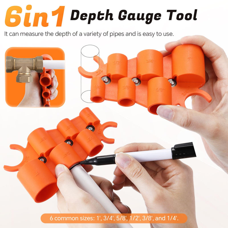 18 pcs 1/4-1 Inch Plumbing Tools Kit Pipe Depth Gauge, Copper Deburring Reamer with HSS Blades, Push Fit Disconnect Clip, Multi Purpose Tool Set for Copper, PVC, PEX, CPVC