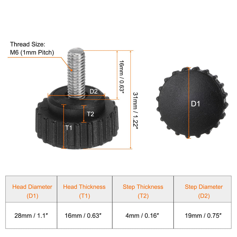 HARFINGTON 6pcs Knurled Clamping Knobs Thumb Screws M6 x 16mm Metric Male Thread 28mm Matte Plastic Head 304 Stainless Steel Stud Hand Threaded Knob Thumbscrew Handle, Black