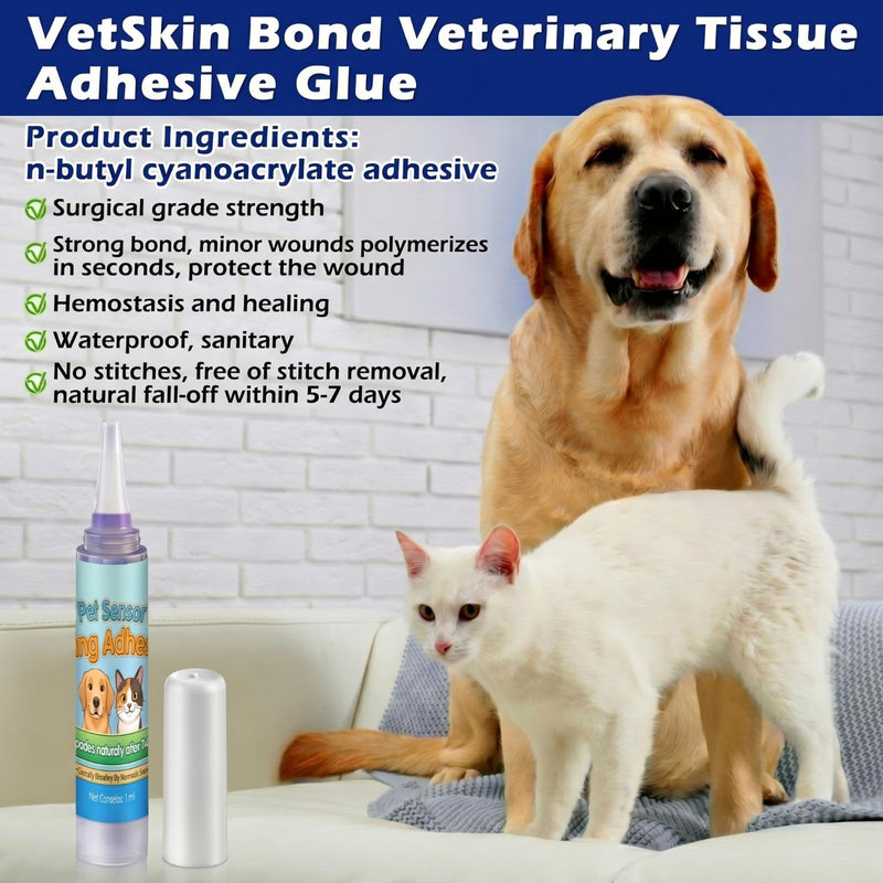 1ml Veterinary Surgical Skin Glue with 10 Applicators, Fast Acting Wound Tissue Glue Sealant, CGM Sensor Adhesive for Pet with Blue Tint for Precise Application, Stay Secure for 10-14 Days 1ml
