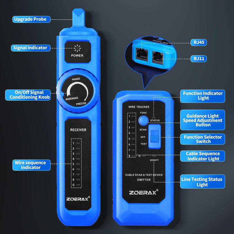 Wire Tracer, Network Cable Tester with Auto Wake Function - Locate, Test, Tone in One Step Safe for POE Switch Tracing, Anti-Interference, for Continuity, Wire Map, Open/Short, Long-Lasting