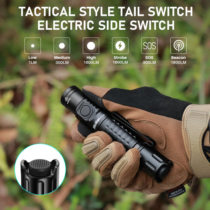 Wurkkos FC12C Tactical Flashlight 1600 High Lumens, USB-C Rechargeable LED Flashlights, 332M Long Throw Flash Light, IP68 Waterproof, Dual Switches and Constant Current Circuit for Home Camping Hiking Black