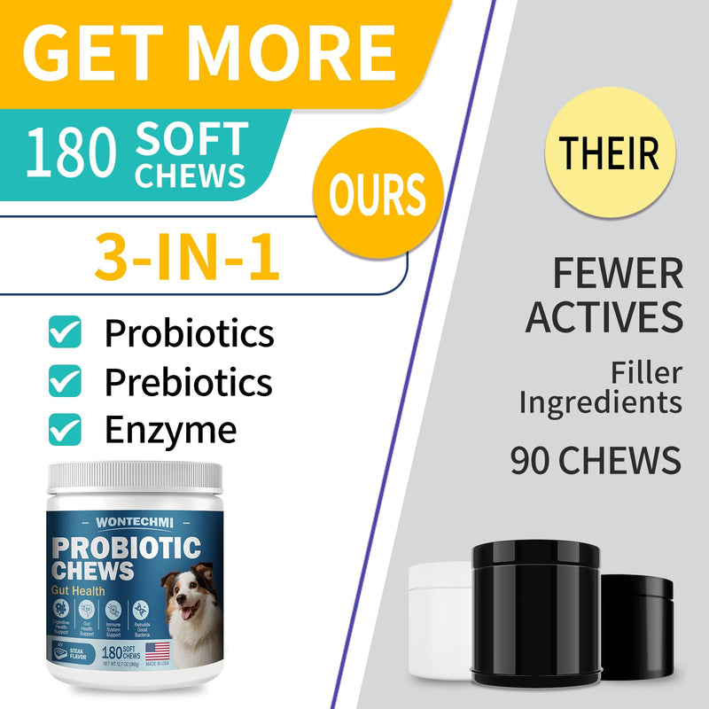 Probiotics for Dogs, Improve Itchy Skin Itchy Ears, Gut Health, Yeast Balance, Allergies, Immunity, Dog Probiotics and Digestive Enzymes with Prebiotics, Reduce Diarrhea (180 Chews, Steak) 180 Chews