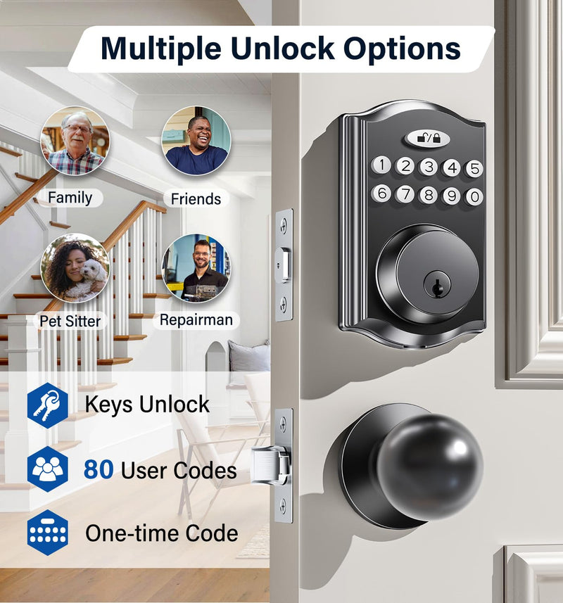 Keyless Entry Door Lock with 2 Knobs, Electronic Backlit Keypad Deadbolt with Handle Set, Auto Lock, One-time Codes, Smart Deadbolt for Front Door, Easy Installation (Matte Black) Matte Black