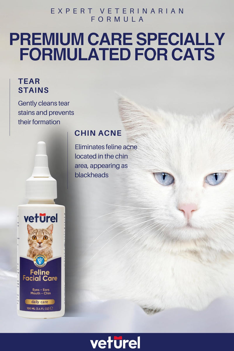 Veturel Natural Feline Facial Care - Cat Tear Stains Remover - Cat Acne - May Help with Cat Chin Acne - Cat Chin Blackheads - Gentle Ear and Eye Care - May Soothe Skin - 3.4 oz.