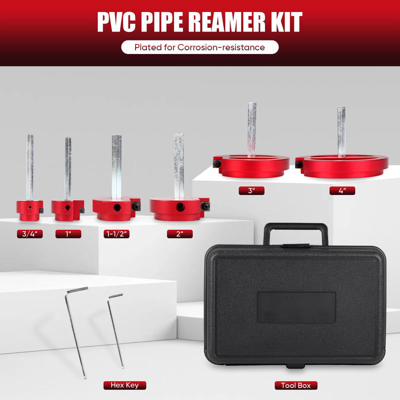 6-Pcs PVC Pipe Reamer Set with 2 Carbide Square Cutting Blades Sizes: , 3/4”, 1“, 1-1/2“, 2”, 3“, 4” Aluminum Cutting Head For PVC, CPVC, or ABS Piping (Red)