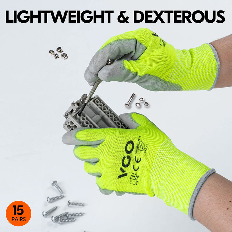 Vgo... 15-Pairs Safety Work Gloves, Gardening Gloves, Polyurethane Coated, Dipping Gloves, Latex Free (Size L, Yellow, PU2103) Large (Pack of 15)