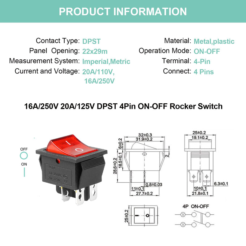 QTEATAK 2Pcs AC 20A/125V 15A/250V DPST 4 Pins 2 Position ON/Off Boat Rocker Toggle Switch with Red LED Light AC 16A/250V 20A/125V