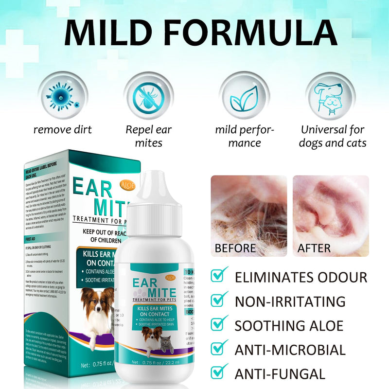 Ear Mite Treatment for Dogs and Cats,Dog Ear Infection Treatment,Aloe Ear Mite,Safe for Pets | 12+ Weeks | 0.75 fl oz 22.2ml 0.75 fl oz(Pack of 1)