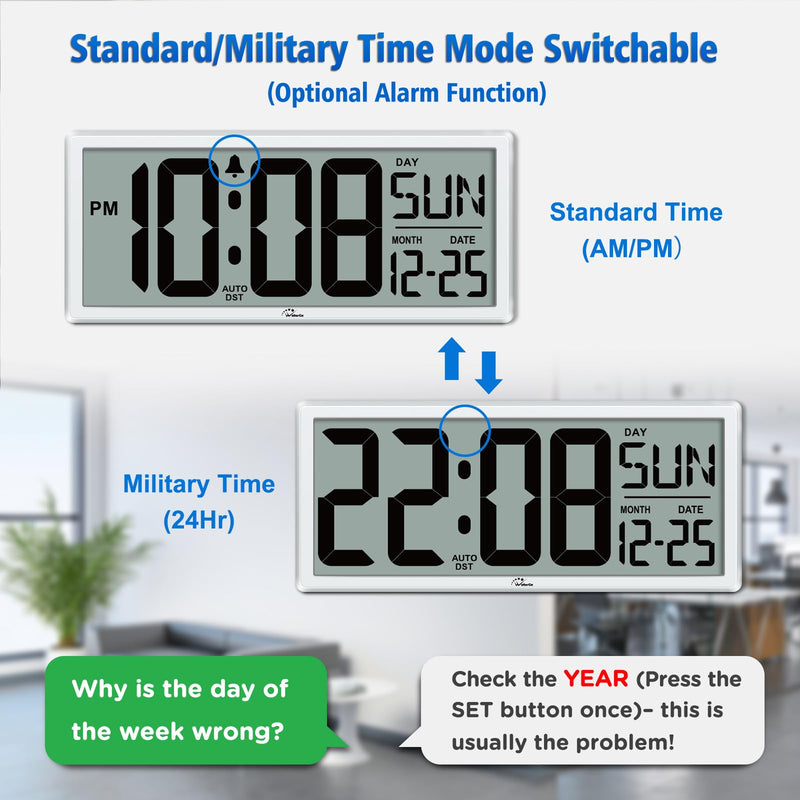 WallarGe 14.5'' Large Digital Wall Clock Battery Operated with Jumbo Numbers, Temperature and Date - Easy to Read and Set, Auto DST White