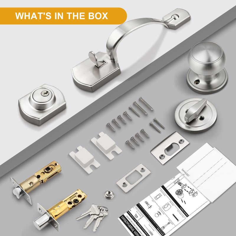 Probrico Brushed Nickel Door Locks for Front Door, Entry Door Locksets with Deadbolt, Front Door Knob and Deadbolt Set, 1 Set