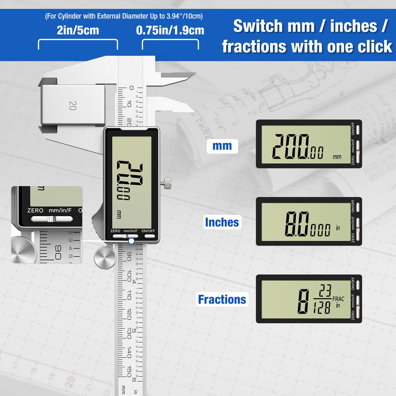 Digital Caliper 8 Inch with Large LCD Screen, Inch/MM/Fraction Conversion, 200mm Micrometer Caliper All Stainless Steel Diameter Measuring Tool for Jewelers/Woodworkers/DIY 8inch