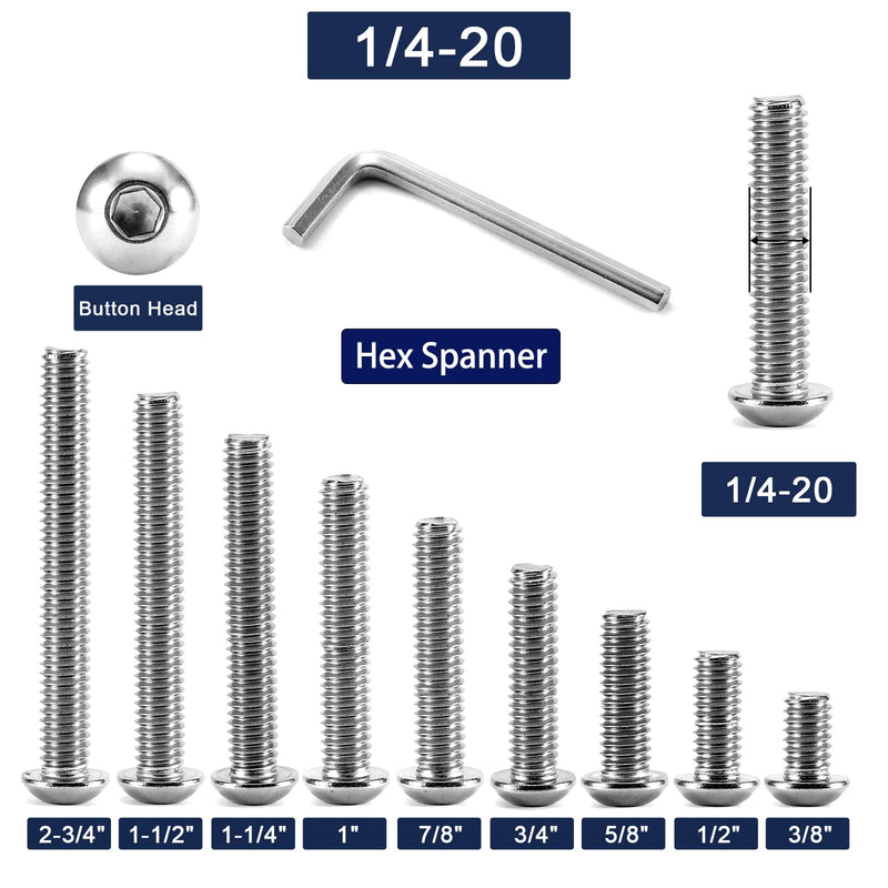1/4-20 x 1/2" Button Head Socket Cap Bolts Screws, 20Pcs 304 Stainless Steel 18-8, Allen Hex Drive, Bright Finish by SG TZH(with Hex Spanner) 20 1/4-20 x 1/2"