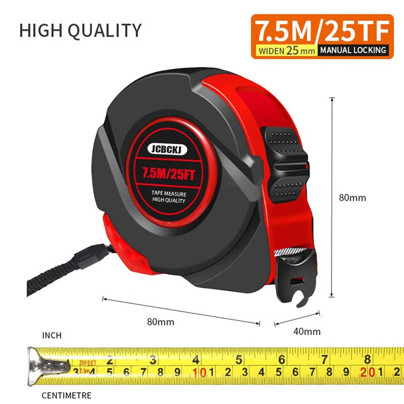 25 FT Industrial Tape Measure, Self-Locking Heavy-Duty Steel Ruler with Easy to Read Scale, Suitable for Engineers and Decorators to Measure, Standard Public Tape Measure (Red)