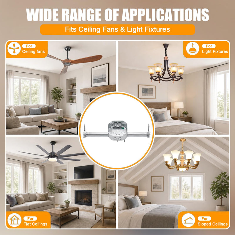 Adjustable Brace for Ceiling Fans, Ceiling Mounting Bracket Electrical Box Silver 13-24 INCH