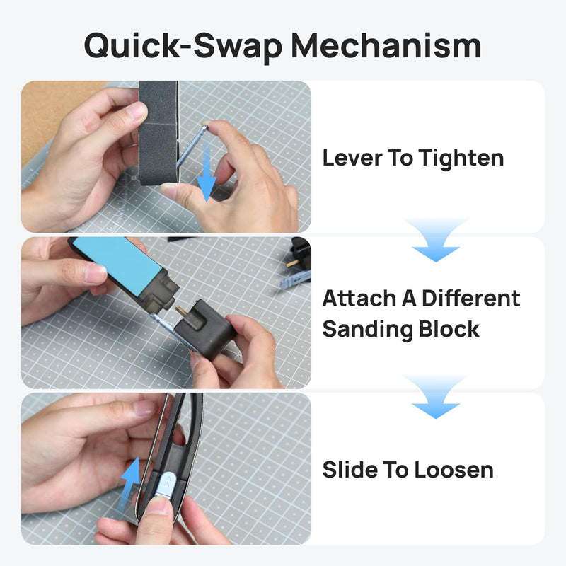 HOZO NeoBlock Sanding Block Set – 1 Magnetic Handle + 3 Swappable Heads (Basic, Pro, Expert) with 6 Grit Belts (120/180/240/400/600/800), Supports Wet Sanding, Quick-Swap for 3D Printing & DIY Project Advanced Combo