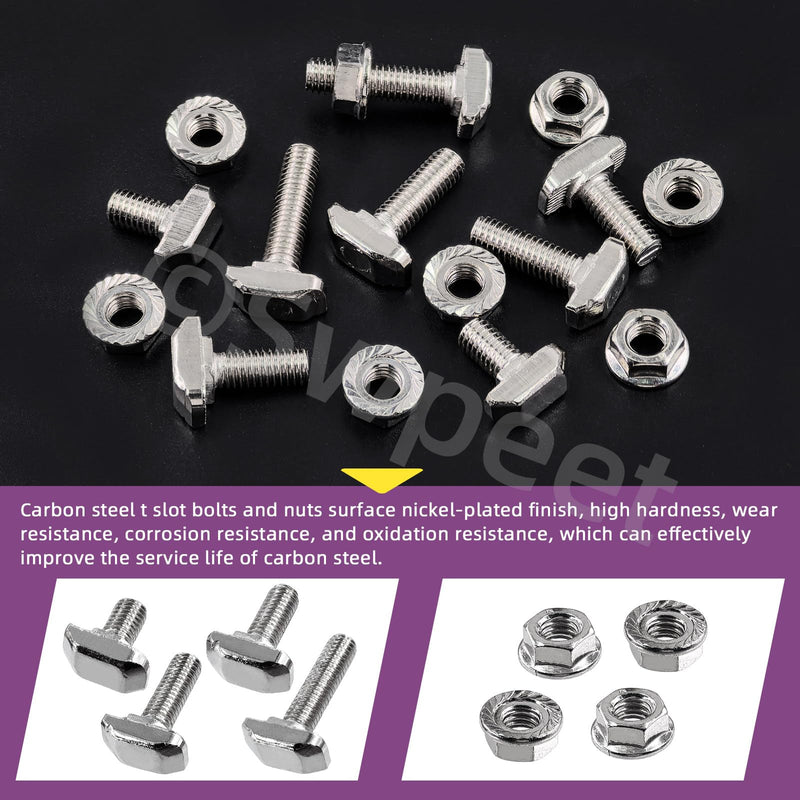 Swpeet 80Pcs 4 Sizes European Standard 30 Series M6 x 12/16/20/25mm T Slot Drop-in Bolt and Nickel M6 Flange Nut Assortment Kit, Thread T Slot, Drop-in Bolt T-Bolt, Hammer Head Bolt, T Screw Stud