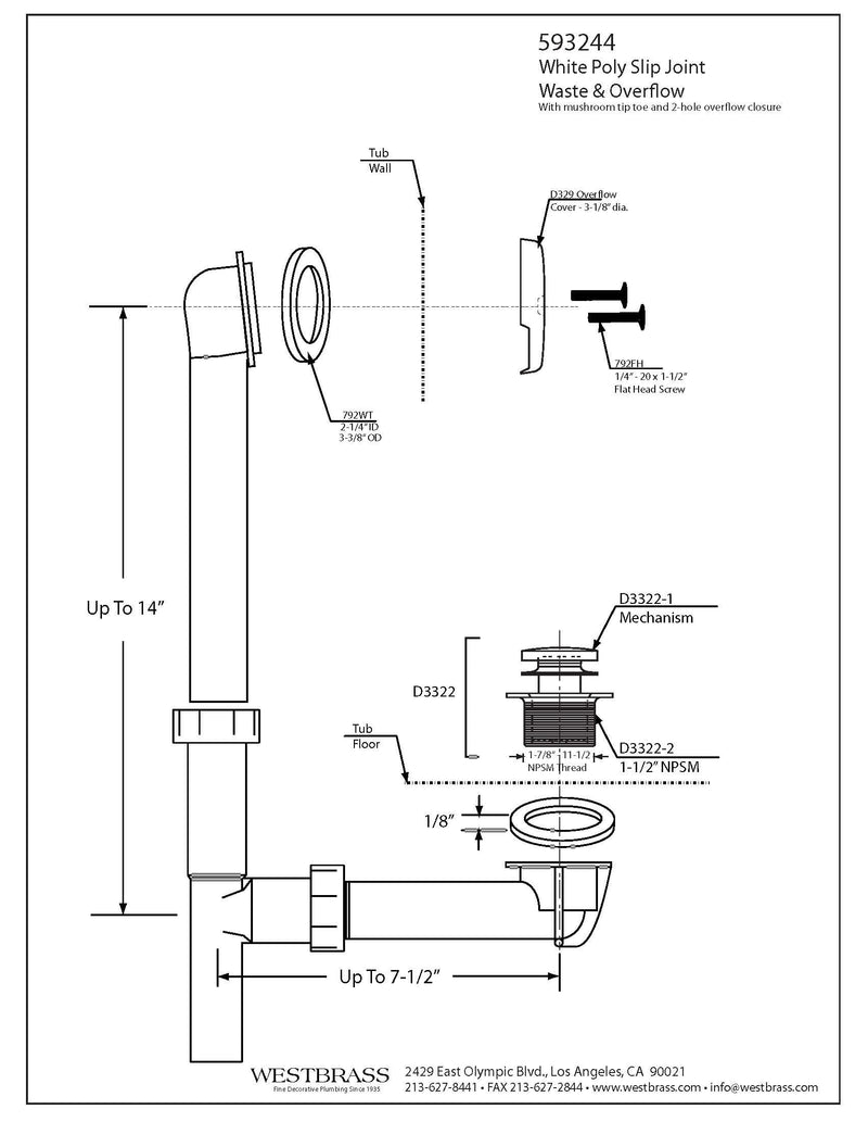 Westbrass Y593244CP White Tubular Tip-Toe Bath Waste and Overflow Assembly, Polished Chrome 1 Pack