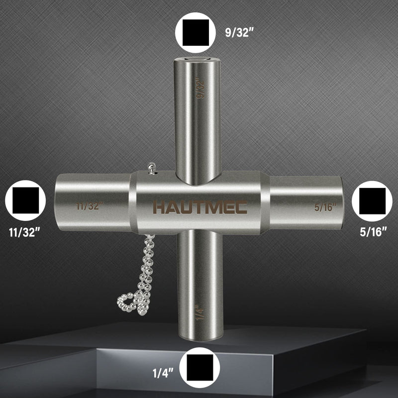HAUTMEC 4 Way Sillcock Water Key，1/4", 9/32", 5/16", 11/32" Steel Multi-Function Utility Key for Sillcocks Faucets Valves Spigots PL0028 1 Pack Silver
