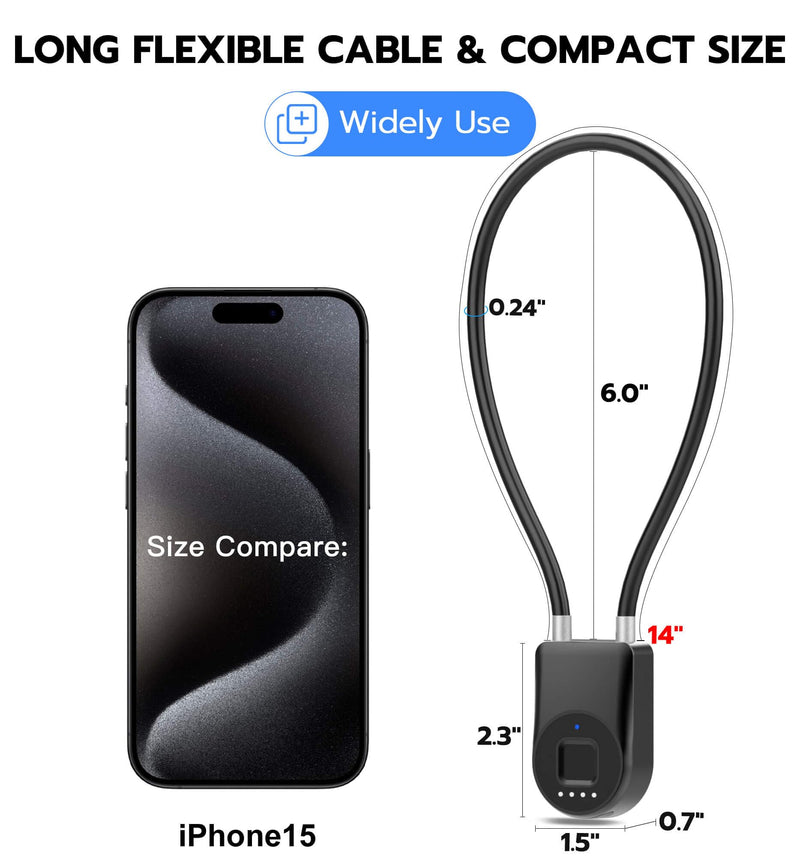 Fingerprint Cable Lock, Anweller 14" Long Shackle Keyless Entry Biometric Waterproof Bluetooth Smart Combination Padlock for Gate Outdoor Fence Fridge Cabinet Locker Pool Yard Pantry Bike - Black Back