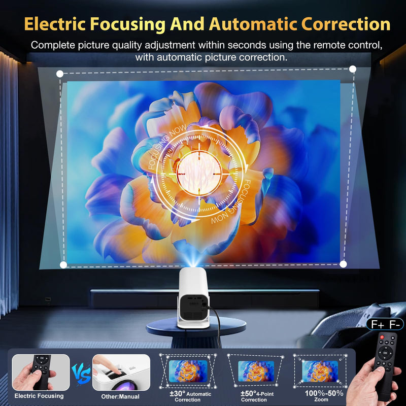 【Built-in APPS & Electric Focusing & 210° Rotation】Mini Projector With Wifi And Bluetooth, 1080P Portable Projector, Movie Projector for Bedroom, Supports Smartphones/TV Stick/iPad/PS5/Laptop/HDMI/USB With WIFI And APPS