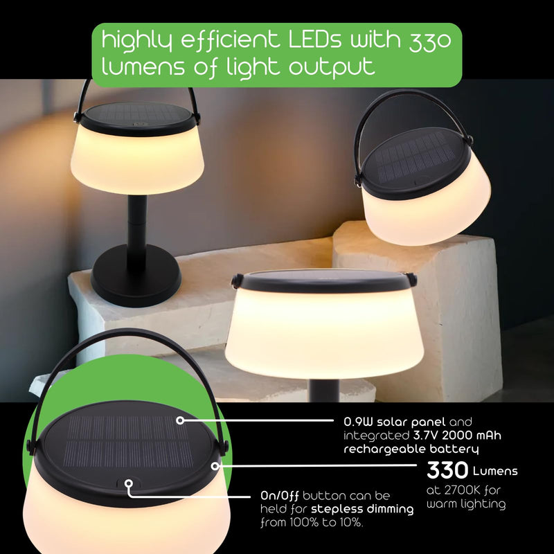 2-in-1 Portable Solar Power LED Table Lamp & Lantern - Indoor/Outdoor - Stepless Dimming - Rechargeable Battery - 330 lumens, 2700K - IP44 Weather Resistant - Black - 1 Pack
