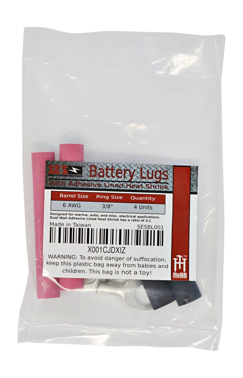 4 Pack - 6 Gauge - 3/8" Ring - Tinned Copper Marine Battery Welding Lug Terminal Connectors - Dual Wall Adhesive Heat Shrink Included 4 Pack 6 Awg - 3/8" Ring