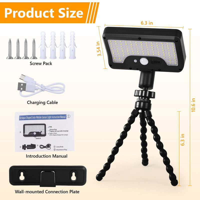 Solar Motion Lights Outdoor with Flexible Octopus Tripod, USB & Solar Powered Motion Sensor Lights with 92 LEDs(600LM,3000K), IP65 Waterproof Motion Activated Light for Fence, Camping, Gutter(2 Pack) Black/Warm Yellow（3000K） 2 Pack/Octopus Tripod