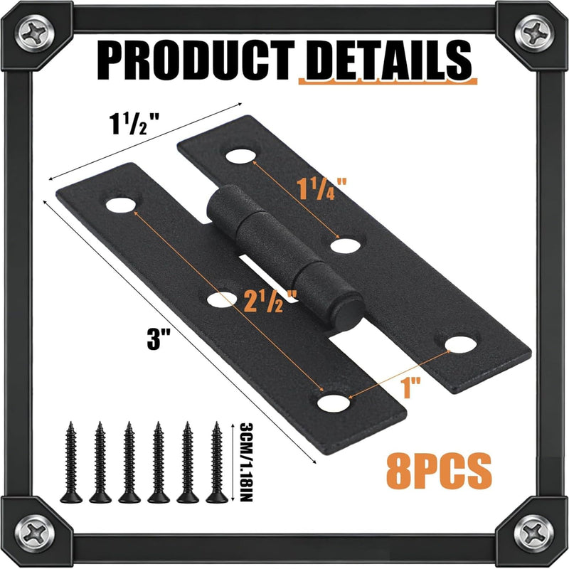 8 Pack 3 Inch Black Powder Coated Wrought Iron H Hinge for Cabinet Doors Kitchen Cabinet Hinge with Hardware 8