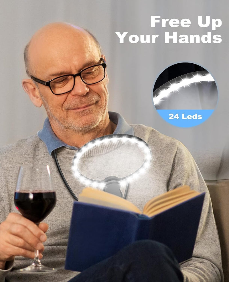 5X Hands-Free Magnifying Glass with 24 LED Lights, 5.12" Rechargeable Magnifier with Flexible Gooseneck for Neck Wear, Large Page Magnifier for Seniors Reading, Repairing, Sewing, Cross Stitch