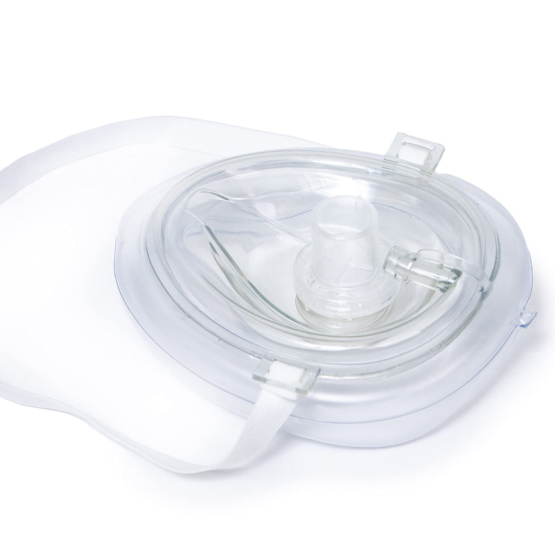 PrimaCare RS-6845 Single Valve CPR Rescue Mask in Red Hard Case, Adult/Child Pocket Resuscitator with Elastic Strap, Air Cushioned Edge, 6.5" x 4.8" x 1.6", Red, Clear 1 Count (Pack of 1)