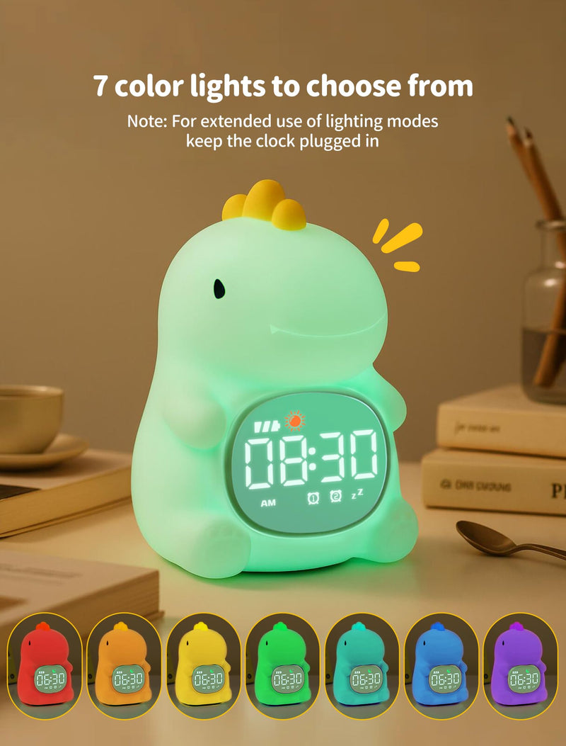 MASHI Dinosaur Alarm Clock with Night Light, Toddler Sleep Training Clock with Sun & Moon, Sleep Sound Machine, ok to Wake Clock for Kids, Digital Alarm Clocks for Bedrooms,Gift Ideas for Kids Child Dinosaurs
