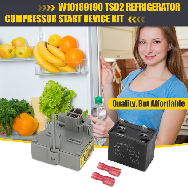 W10189190 TSD2 Refrigerator Start Relay Device W10662129 Refrigerator Run Capacitor Fit for Whirlpool Kenmore Refrigerator Compressor Parts Replace 2319792, W10197428,WPW10189190,241941003,wpw10662129