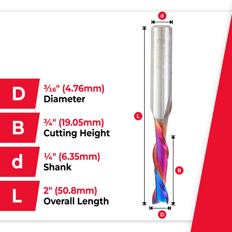 Amana Tool Spektra Extreme Tool Life Coated Solid Carbide Spiral Plunge Router Bit, 46101-K, 3/16 Dia x 3/4 CH x 1/4 Shank 2 Inch Long Up-Cut