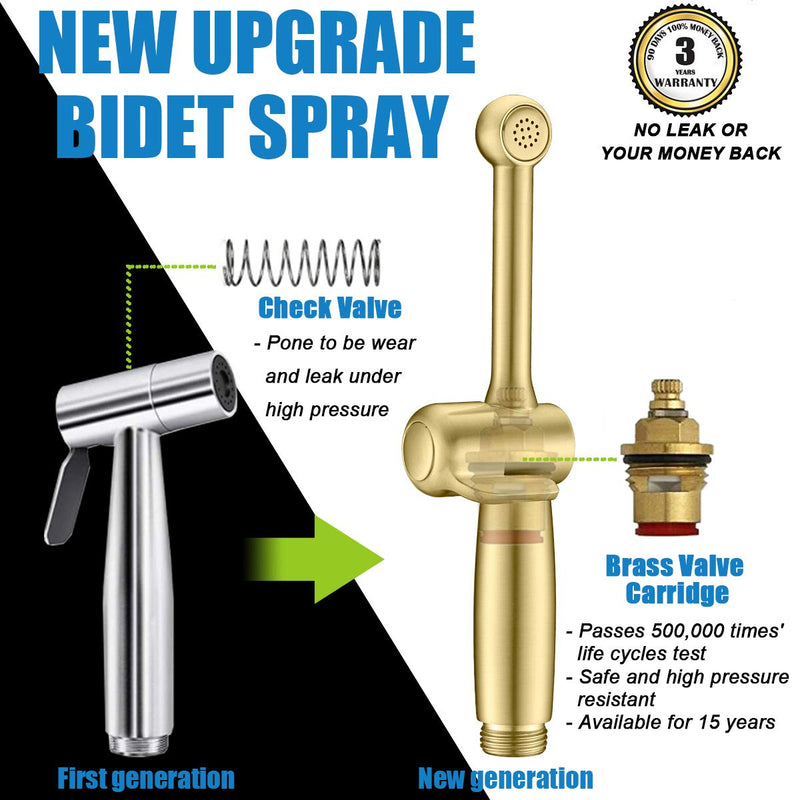 Handheld Bidet Toilet Sprayer, Brass Hand Held Bidet Attachment Cloth Diaper Toilet Sprayer with Backflow Preventer, Adjustable Water Jet Spray for Toilet with 7.9" Long Bidet Wand, Brushed Gold