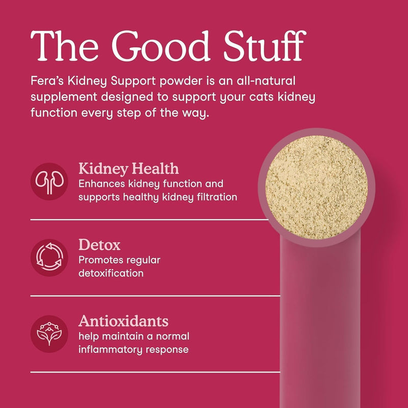 Fera Pets Cat Kidney Support Powder with Antioxidants & Probiotics - Enhances Renal Health & Function - Promotes Regular Detoxification - 60 Scoops