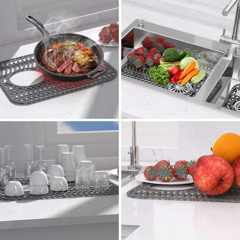 Kitchen Sink Mats, TOOVEM 2PCS Non-Slip Heat Resistant Silicone Sink Mats Protectors Kitchen Sink Mat for Bottom of Farmhouse Stainless Steel Porcelain, 13.58 x 11.6 Inch Gray