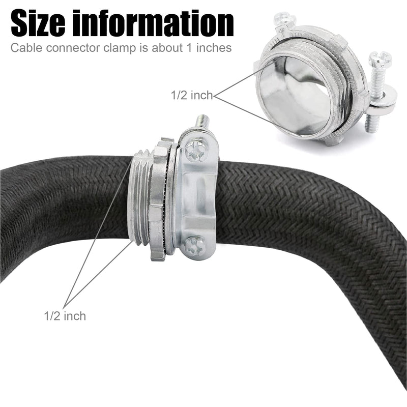 24pcs 1/2Inch Clamp Type Cable Connectors for Metallic Conduit Protect Cables Silver-Zinc 1/2"-24pack