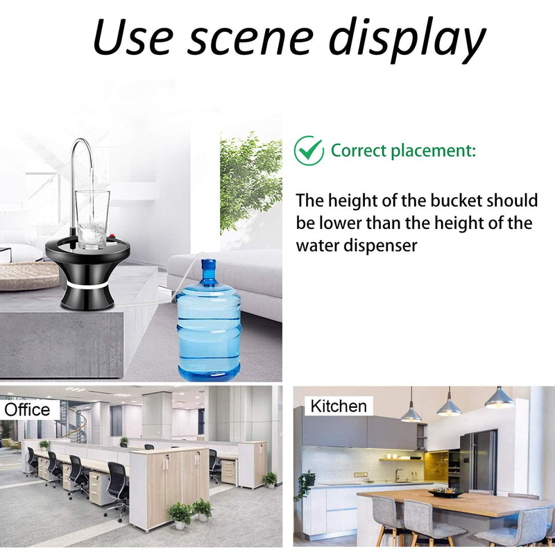Drinking Water Dispenser Pump, Automatic Electric Drinking Water Bottle Pump for 2-5 Gallon Water Jugs, USB Rechargeable with 2 Switch Control, Stable and Portable for Home, Kitchen, Office, Camping Black