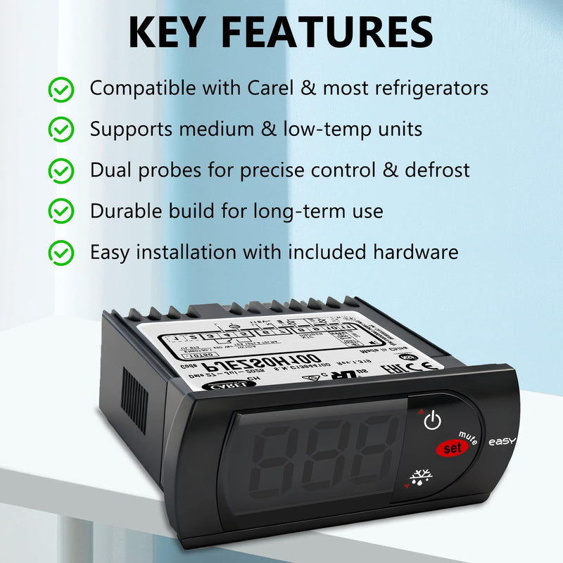 PJEZS0H100 Temperature Controller Compatible with Carel and All Refrigerator Types, 115V Digital Thermostat with Temperature Sensor Probe, Mounting Hardware and Instructions PJEZS0H100