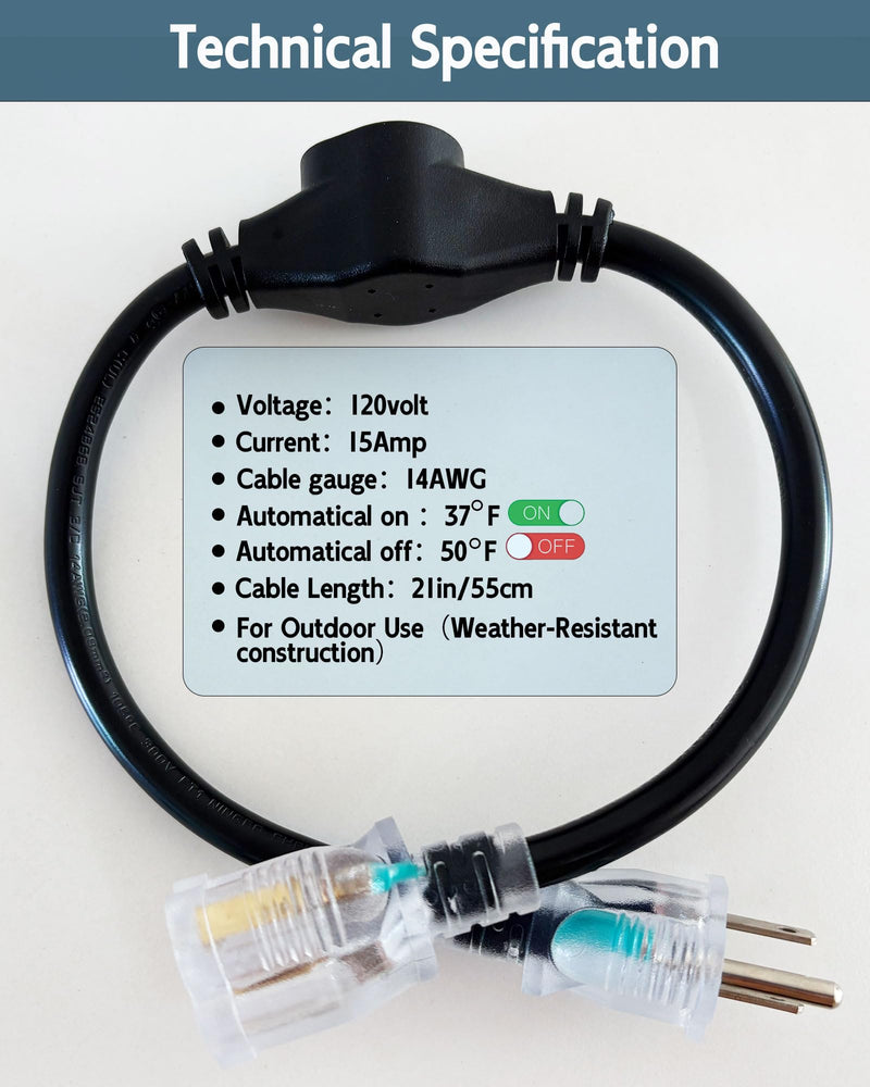 Thermostat Extension Cord – Outdoor Thermostat Plug Heat Tape Thermostat 120V 15A, 37°F On / 50°F Off, Compatible with Roof & Gutter Heat Cables and Pipe Heat Tape