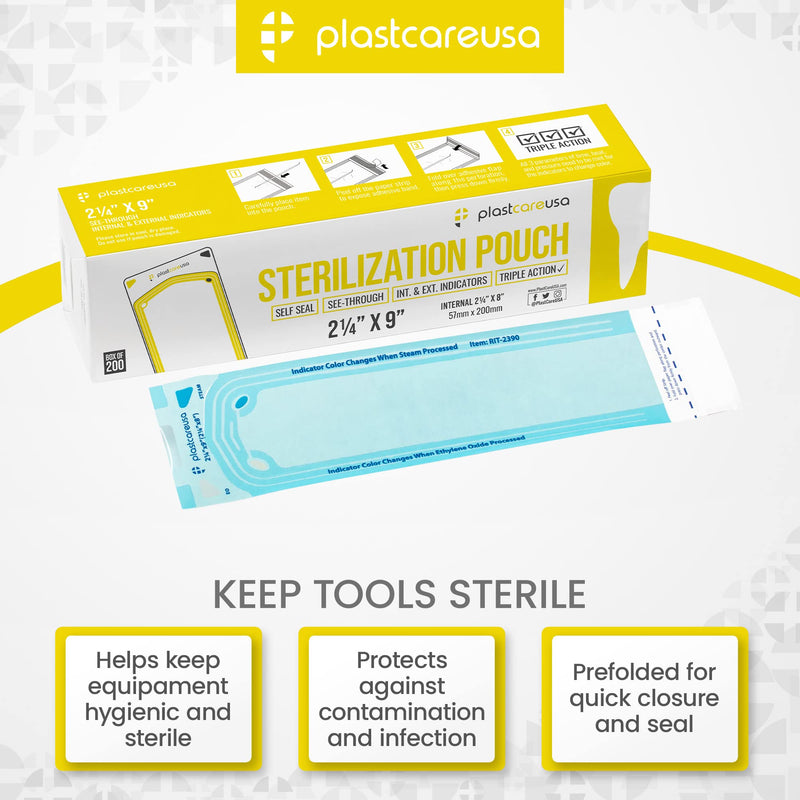 200 2.25 x 9 Sterilization Pouches, Sterilizer Autoclave Bags for Sterilizing Dental Medical Instruments and Cleaning Tools 200