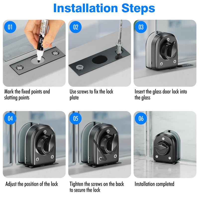 Ranbo Frameless Glass Door Floor Lock, 304 Stainless Steel, Brushed Black | Fits 3/8"–1/2" (10–12 mm) Swing/Sliding Glass Doors, Clamp-On No-Drill, Top or Bottom Mount, Ideal for Office, Entrance LE-70A Brushed Black