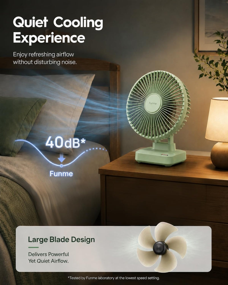 Funme Desk Fan, 10000mAh Rechargeable Table Fan with 29H Max Runtime, 3 Speeds, 90° Adjustable Tilt, Quiet Personal Desk Fan, Portable Desktop Fan forHome Office Bedroom Kitchen, Green Flagship Model