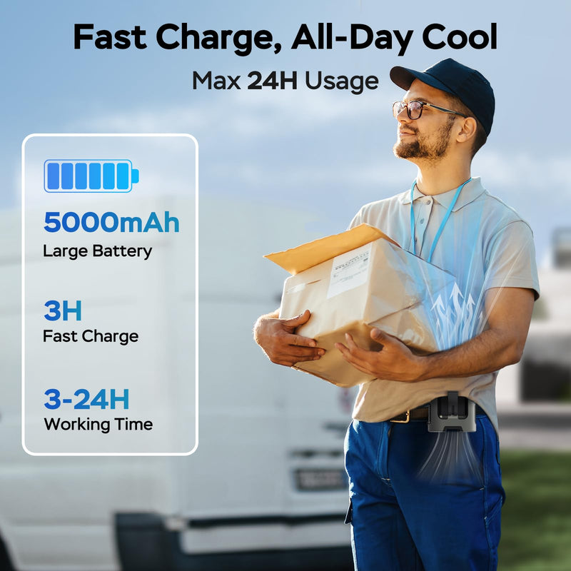AMACOOL Mini Portable Waist Fan Clip on, 13000RPM 4-Speeds Personal Neck Fans, Up to 24H Battery Life, Rechargeable Wearable Shirt Belt Fan for Outdoor Work Jobsite Travel Camping, Gifts for Men