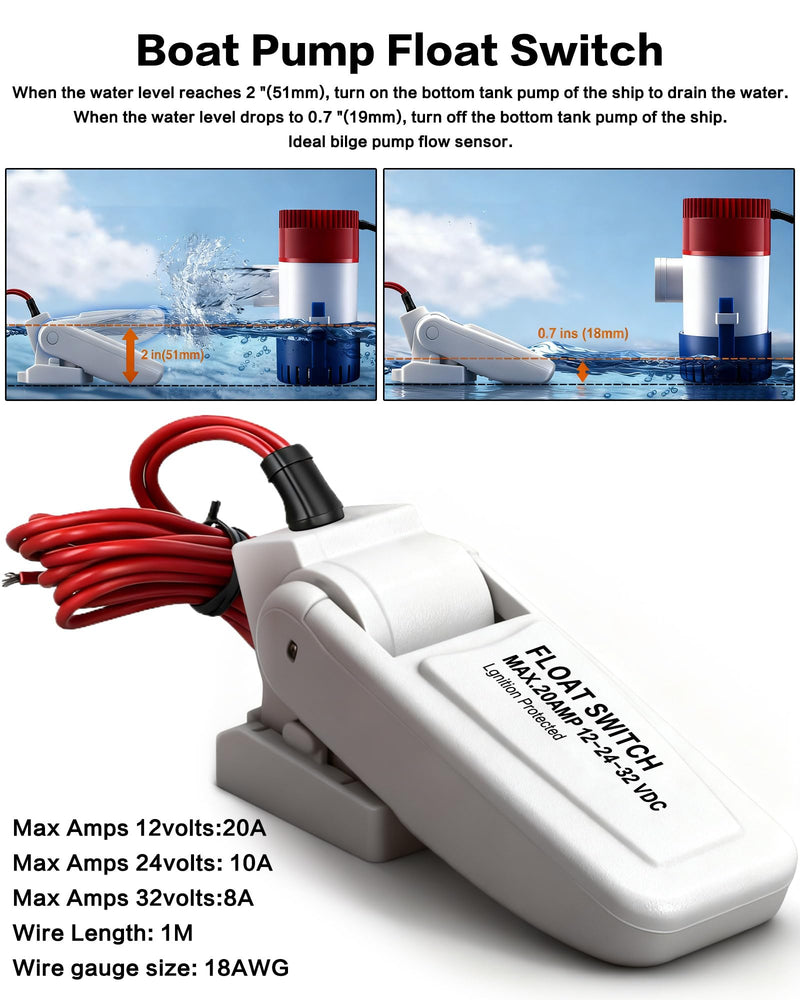 1100 GPH Boat Bilge Pump 12V with Automatic Boat Pump Float Switch Marine Bilge Water Pump High-Flow Fully Bilge Pumps for Boats, Yachts 1100gph Bilge Pump With Float Switch